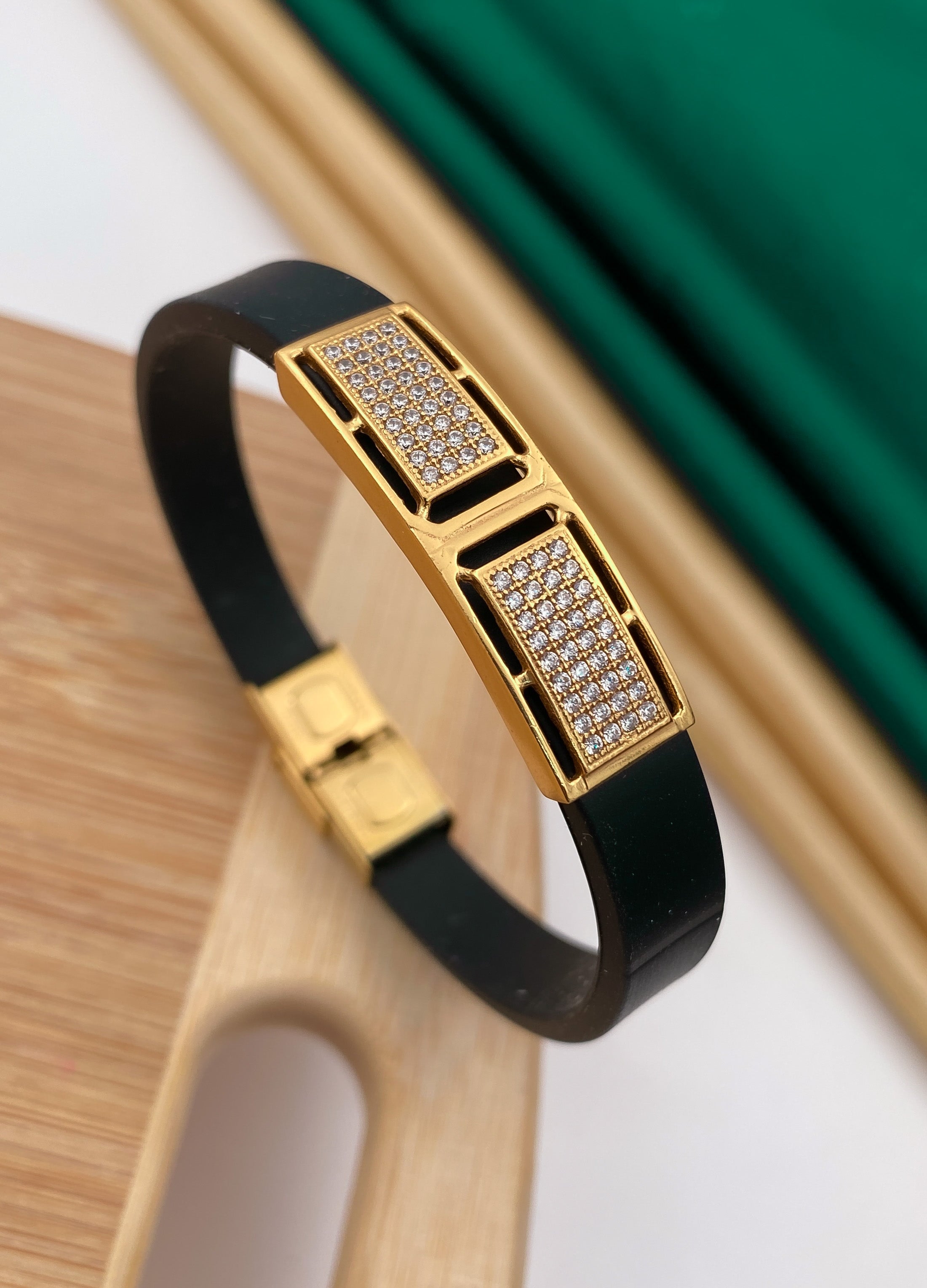 Two side gold plated diamonds in black silicone bracelet for men