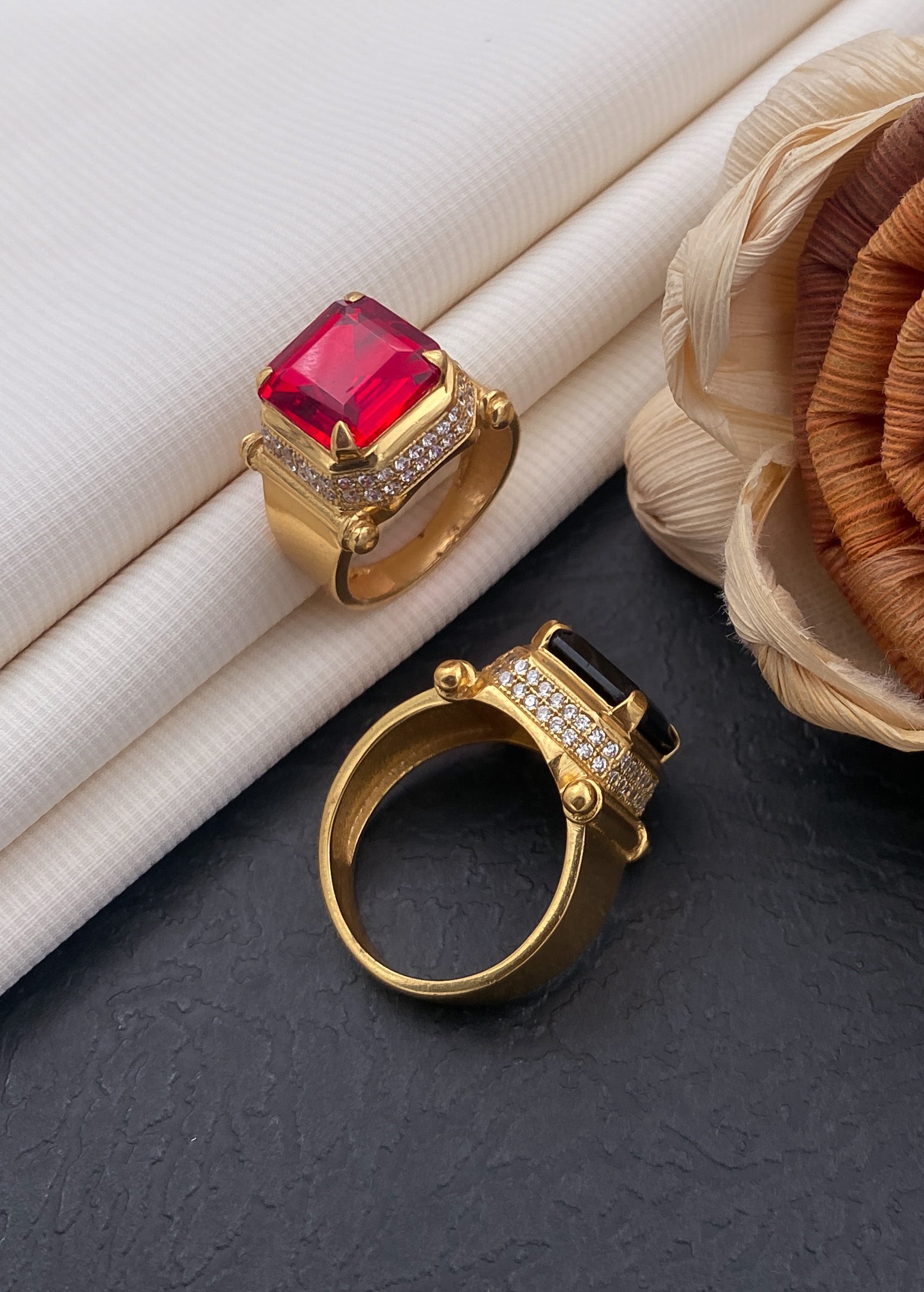 Bansuri square red stone ring diamonds for men