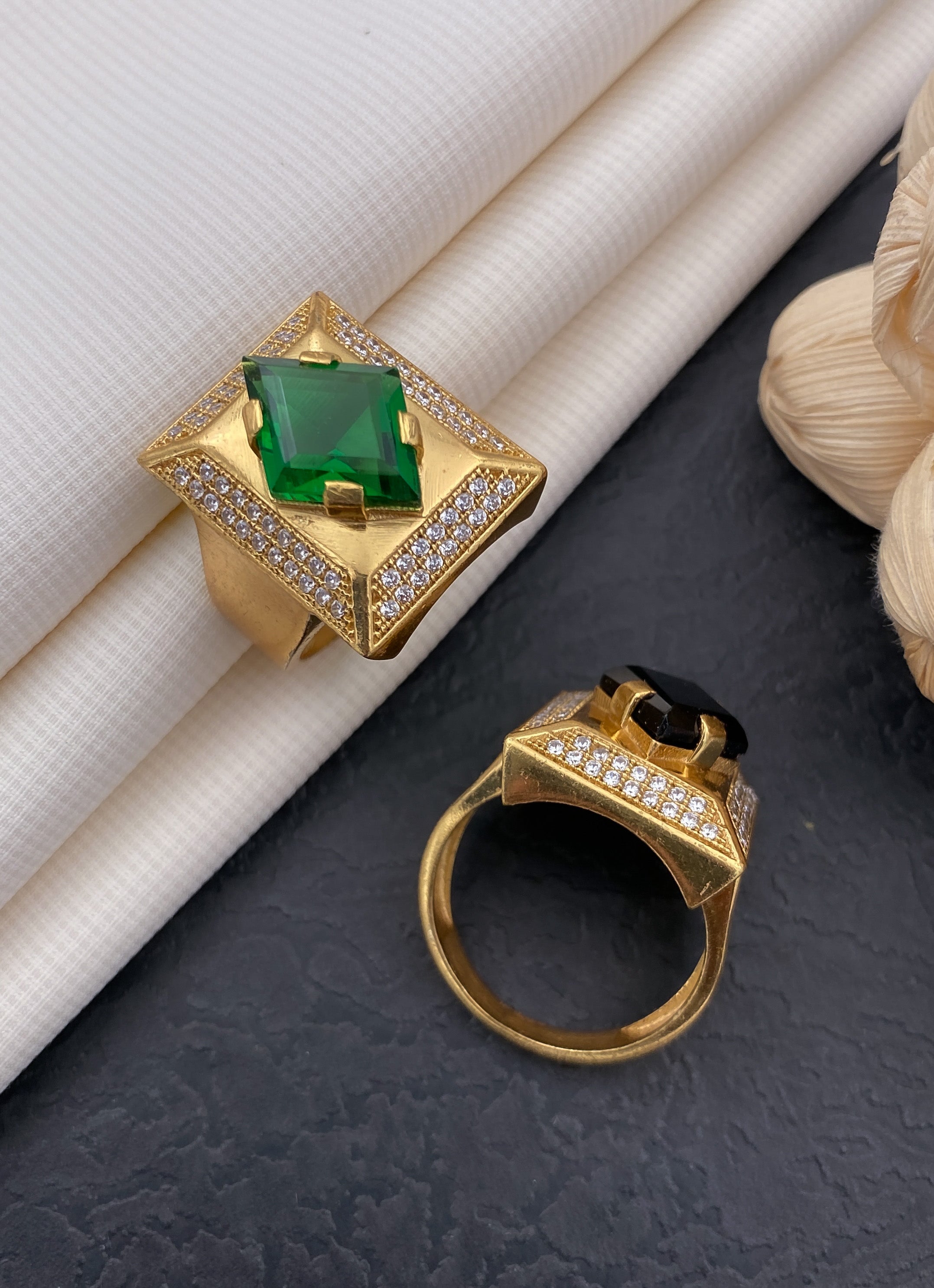 Cross square green stone ring diamonds for men