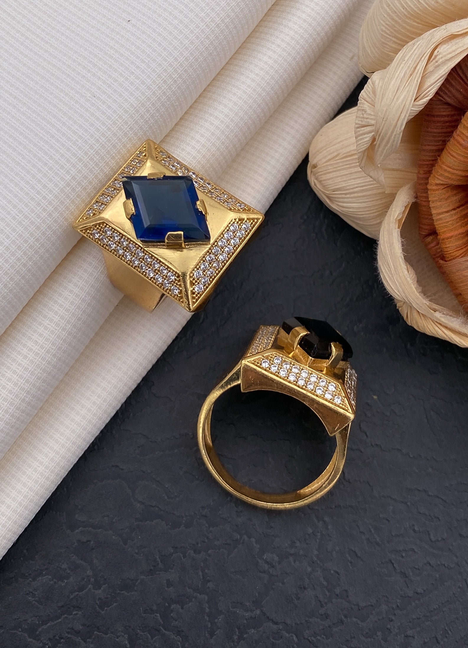 Cross square blue stone ring diamonds for men