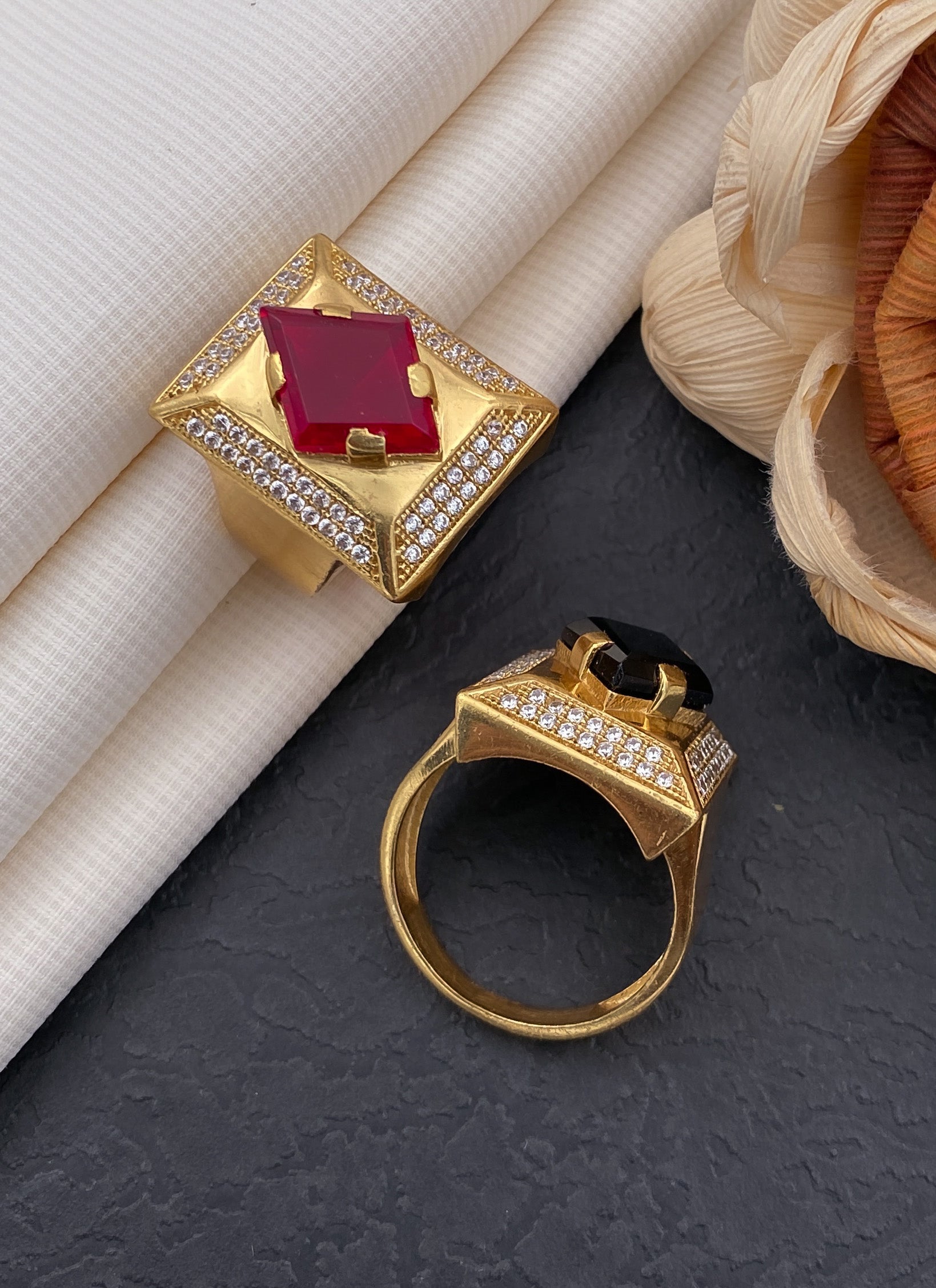 Cross square red stone ring diamonds for men